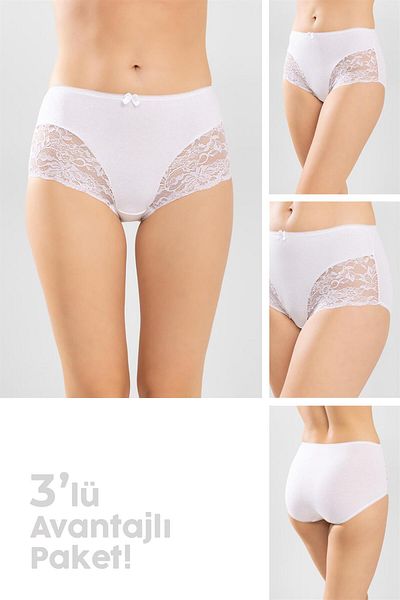 BAYKAR Women's Classic Cotton High Waist Laced Bato Panties 3 Pack White