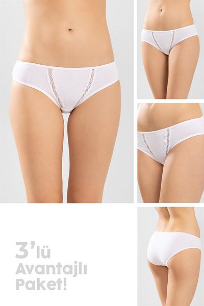 BAYKAR Women's Cotton Zigzag Embroidered Bikini Cut Panties 3 Pack White