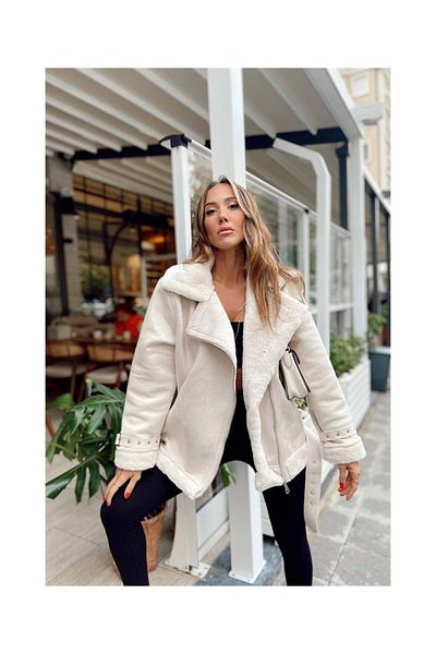 Mekafashion Coastal Export Women's Suede Coat Jacket with Belt Detail