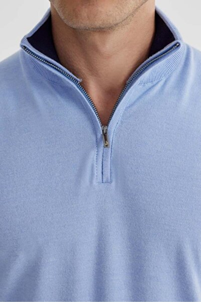 Jakamen Mavi Slim Fit Fermuarlı Dik Yaka Triko Kazak
