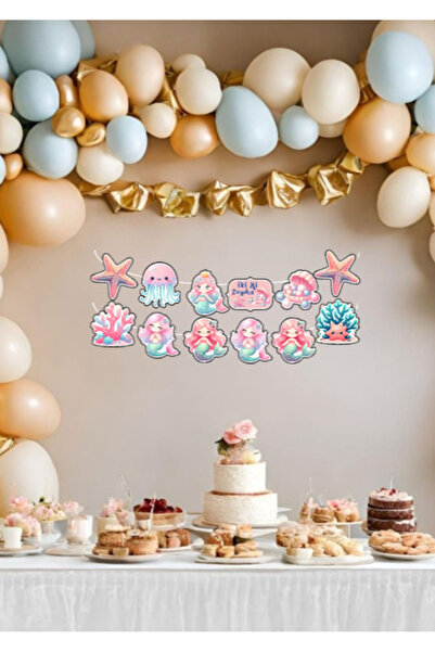 Hiras Dizayn Πανό γενεθλίων - Θέμα Γοργόνα, 12 Φλάμες, Χοντρό χαρτόνι με κορδόνι