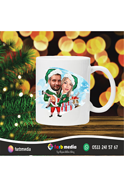 FARB MEDİA Kişiye Özel Yılbaşı Noel Temalı Çift Karikatür Kupa Bardak