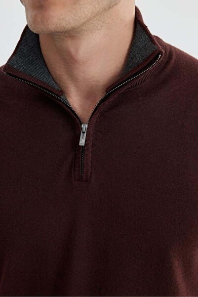 Jakamen Burgundy Slim Fit Zippered Stand Collar Knitwear Sweater