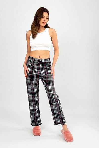 Betimoda Pantaloni de pijama din lână pentru femei în carouri negru Dusty Rose, iarnă, cu talie elastică
