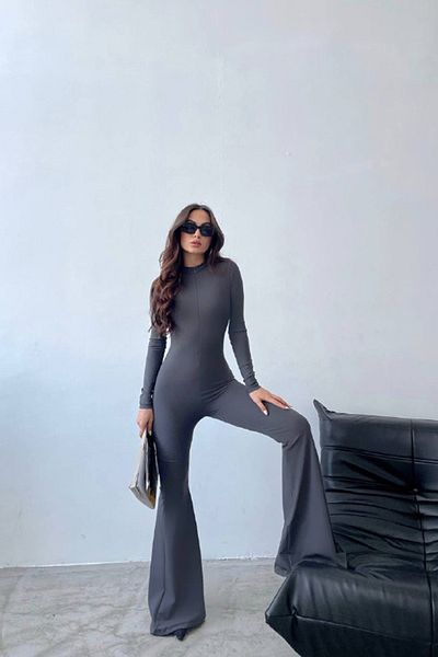 Neşeli Butik Women's Gray Zipper Spanish Leg Jumpsuit Nbdf009