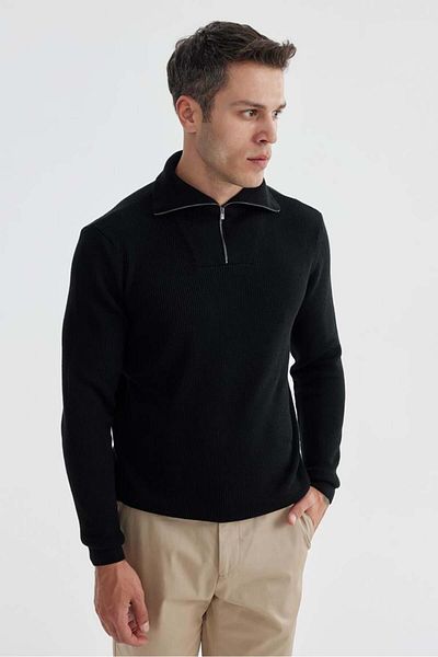 Jakamen Черен вълнен пуловер с цип и яка Slim Fit