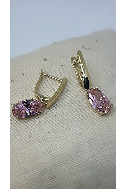 By Semra Xupıng Jewelry Kristal Pembe Zirkon Taşlı Özel Tasarım Gold Çelik Şık Küpe