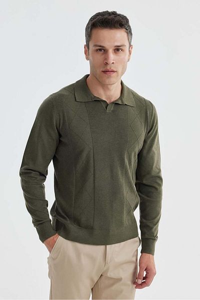 Jakamen Πλεκτό πόλο με μοτίβο από μαλλί κασμίρ Khaki Slim Fit