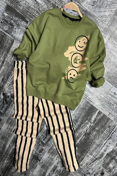 My Kids Wear Emoji Printed Striped Sports Boy Suit