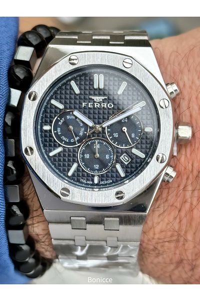 FERRO Brand Functions Active Steel Band,Silver Color,Navy Blue Dial Calendar Men's Wrist Watch+Bracelet