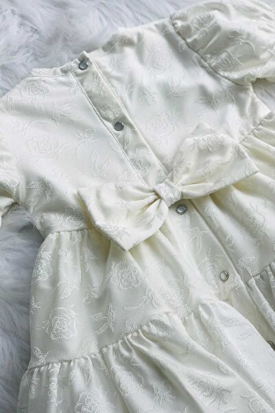 Bertuğ Bebek Rose Embossed Brooch Detailed Ecru Pearl Color Girl Child Baby Evening Dress Design Special Day Mevlüt Dress