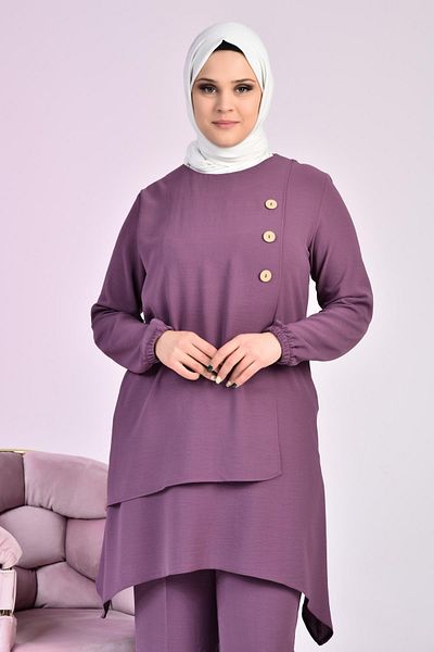 Ferace Women's Large Size Buttoned Double Hijab Tunic Set