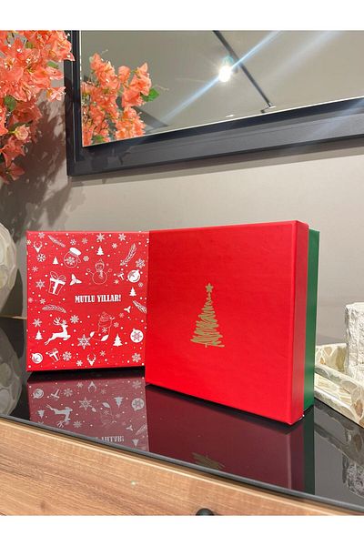KOLİX Kolix Double Printed Decorative Gift Box - Pine Tree and Happy Newyear Pattern, 20X20 cm