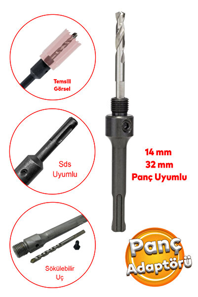 Badem10 Metal Sds Plus Panç Adaptörü 14x32 mm Delik Oyuk Açma Delme No:2 Bi Metal Matkap Uyumlu