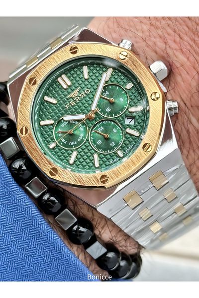 FERRO Functions Active Steel Band,Silver Yellow Color,Green Dial Calendar Men's Wrist Watch+Bracelet