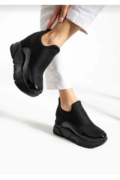DABAB AYAKKABI Women's Black Stretch Patent Leather Hidden Heel Via Model Sneakers