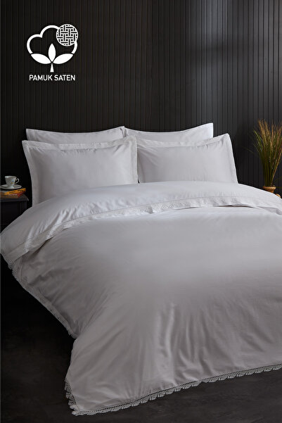 Nazik Home ساتان قطني أنيق من الدانتيل - طقم غطاء لحاف سوبر كينج مقاس 6 قطع