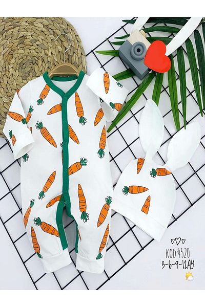SGDİKEN BUTİK Defnada 3-6-9-12 Months Eared Hat Carrot Printed Long Sleeve Baby Girl and Boy Rompers with Snap Fasteners
