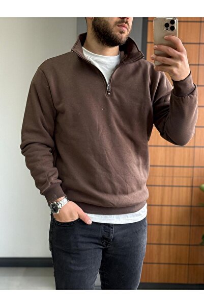 Altamira Φούτερ Unisex Oversize - Καφέ, γιακάς, Μισό φερμουάρ
