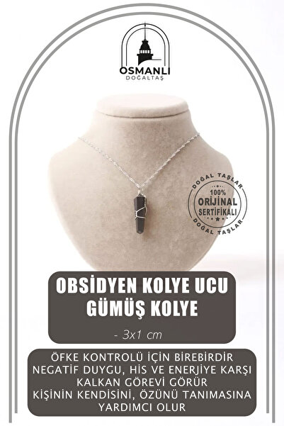 OSMANLI DOĞAL TAŞ Obsidyen Doğal Taş Kolye Ucu 3x1 Cm, Gümüş Zincir