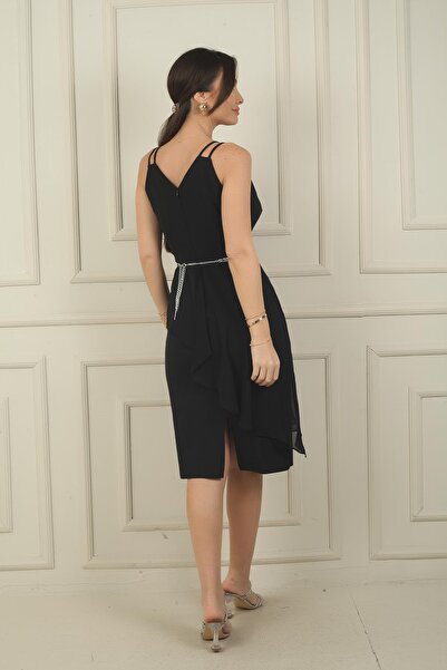 By Saygı Women's Double Rope Strap Top Chiffon Belt Short Crepe Dress