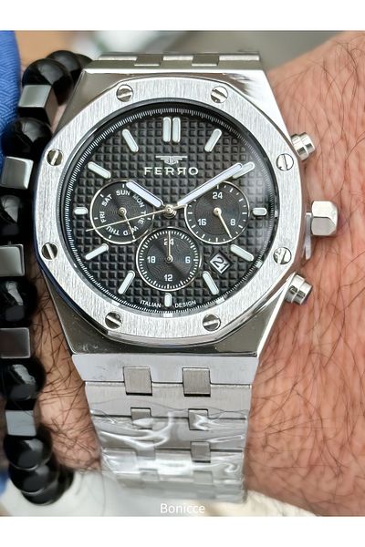 FERRO Brand Functions Active Steel Band,Silver Color,Black Dial Calendar Men's Wrist Watch+Bracelet