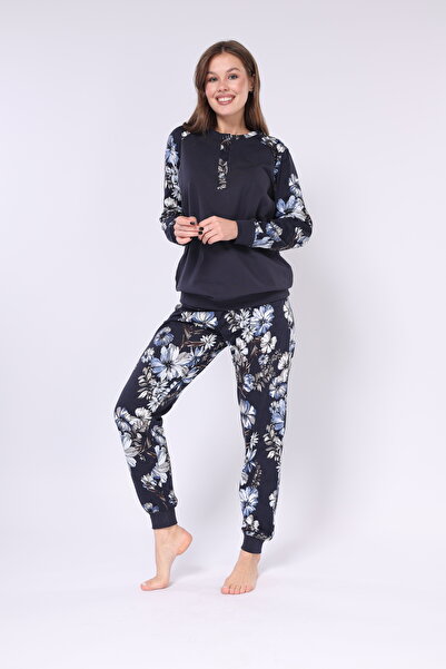 Mio Vero ÇİÇEK BASKILI - DÜĞMELİ PATLI YAKA - UZUN KOLLU - KADIN PİJAMA TAKIM