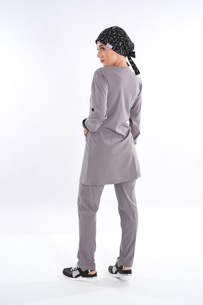 Nur Medikal Giyim Almond Model Soft Lycra Zippered Gray Color Surgical Doctor Nurse Uniform Suit