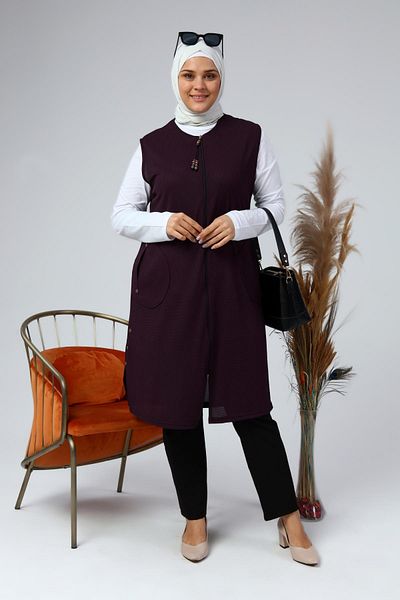 Ferace Women's Plus Size Honeycomb Fabric Pocket Zippered Buttoned Vest