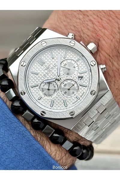 FERRO Brand Functions Active Steel Band,Silver Color,White Dial Calendar Men's Wrist Watch+Bracelet