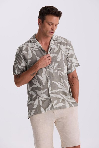 Jakamen Μινκ Classic Fit Πουκάμισο με κοντό μανίκι με μοτίβο με γιακά με άνετο λινό μείγμα