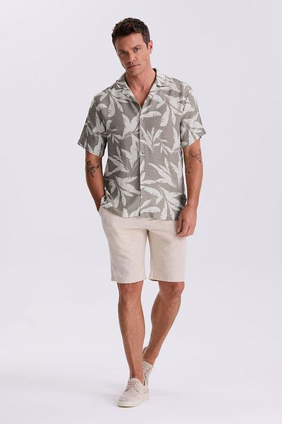 Jakamen Μινκ Classic Fit Πουκάμισο με κοντό μανίκι με μοτίβο με γιακά με άνετο λινό μείγμα