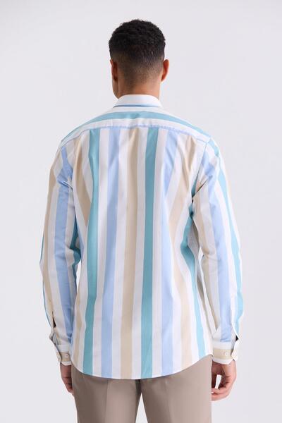 Jakamen Bej Slim Fit Çizgili %100 Pamuk Gömlek