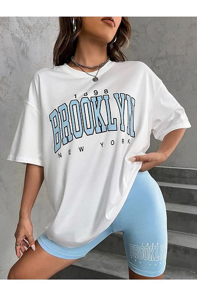 Modernica 1898 Model White T-Shirt and Baby Blue Short Biker Tights - Oversize Printed Set