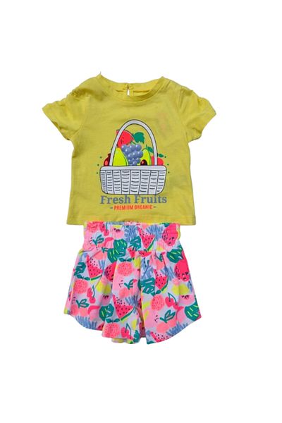 Çikoby 6-36 Months Girls' Double Set Printed T-Shirt + Patterned Shorts Yellow - Pink