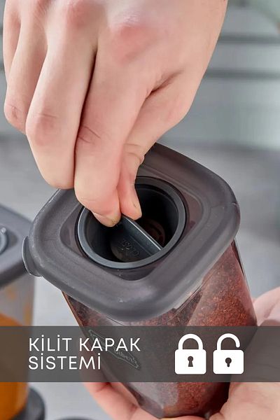 GRİMOR Life Set of 4 Square Spices with Smoked Lock and Adhesive - 400 ml with Label and Stand