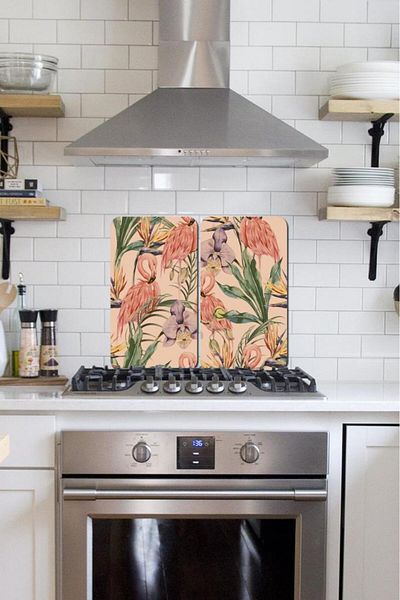 Saban 2-Piece 30X52 cm Glass Stove Protector - Flamingo and Forest Plants Motif