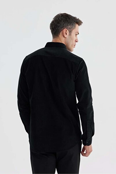 Jakamen Black Comfort Fit Buttoned Collar 100% Cotton Velvet Shirt
