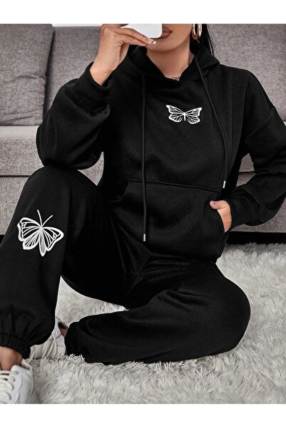 Mythologie Butterfly Hooded Combination Bottom Top Tracksuit Set - Black Printed Oversize Rubber Legs