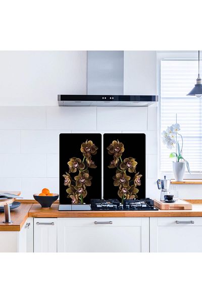 Saban Based on a 30X52 cm Glass Stove Protective Coffee and Orchids
