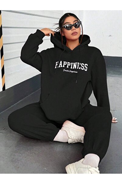 Mythologie Women's Black Happiness White Print Bottom Top Tracksuit Set Oversize Hooded