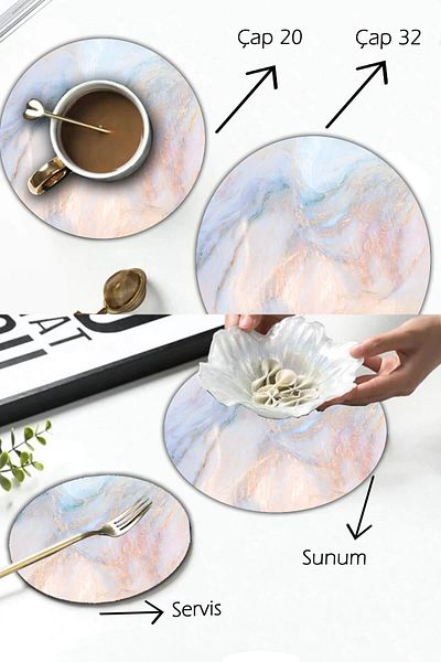 Saban Ezgi Marble Patterned Glass Presentation Tray Set of 2 Diameter 32 & Diameter 20