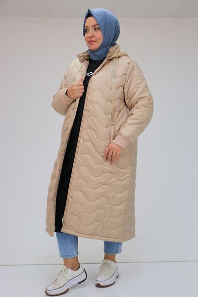 Eslina 33090 Μπεζ καπιτονέ μπουφάν Plus Size - Κουκούλα, Τρεις Κλωστές