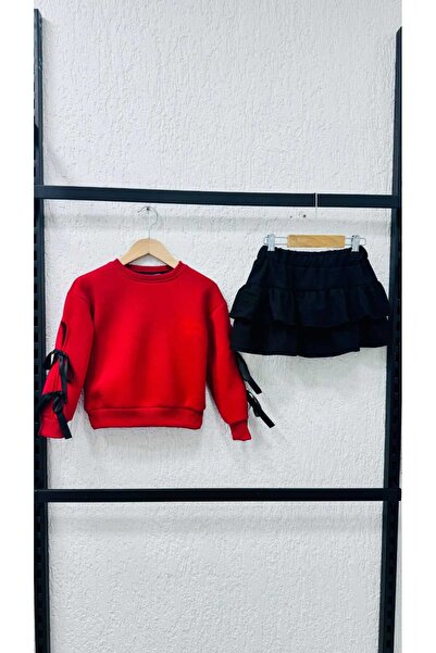 Prime Butik Kirmizi Si?yah Kurdeleli? Firfir Etekli? Kiz Çocuk Alt Üst Takim