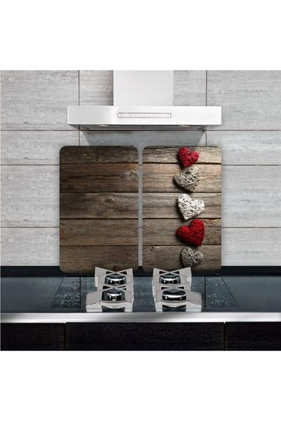 Saban 2-Piece 30X52 cm Glass Stove Protector Five Hearts for 4-Piece Stoves