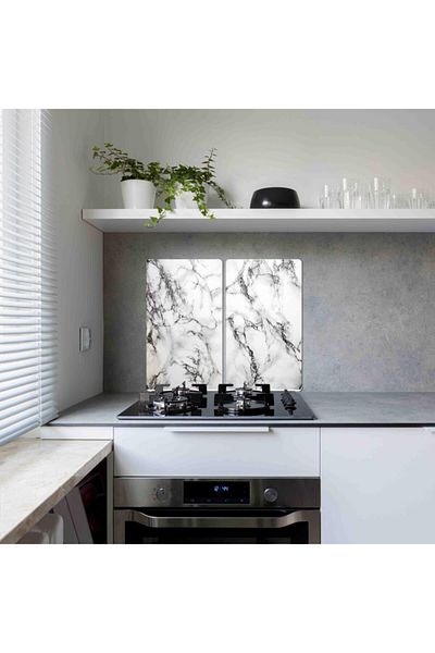 Saban 2-Piece 30X52 cm Glass Stove Protector White Marble for 4-Piece Stoves
