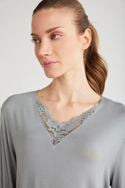 Catherine's Kadın Uzun Kol V Yaka Gri Pijama Takım C3T1N6O2