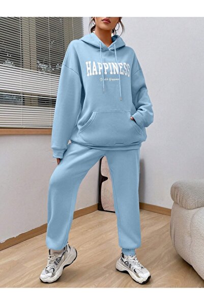Cool Art Kadın Bebe Mavi Happiness Alt Üst Eşofman Takımı Oversize Kapüşonlu