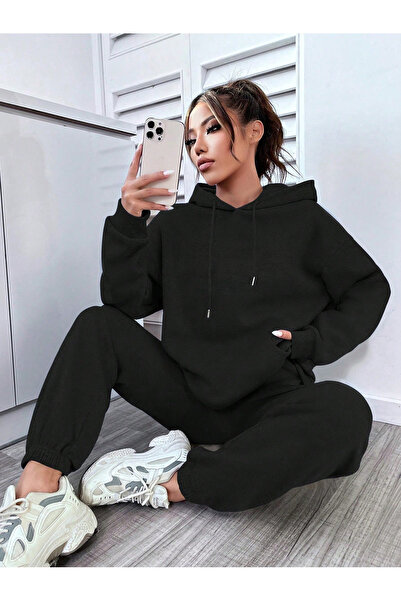 Mythologie Basic Flat Hooded Σετ Φούτερ με κάτω μέρος - Μαύρο Oversize Λαστιχένιο πόδι