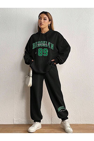 Mythologie Brooklyn 89 Combination Bottom Top Tracksuit Set - Black Printed Oversize Rubber Leg Hooded